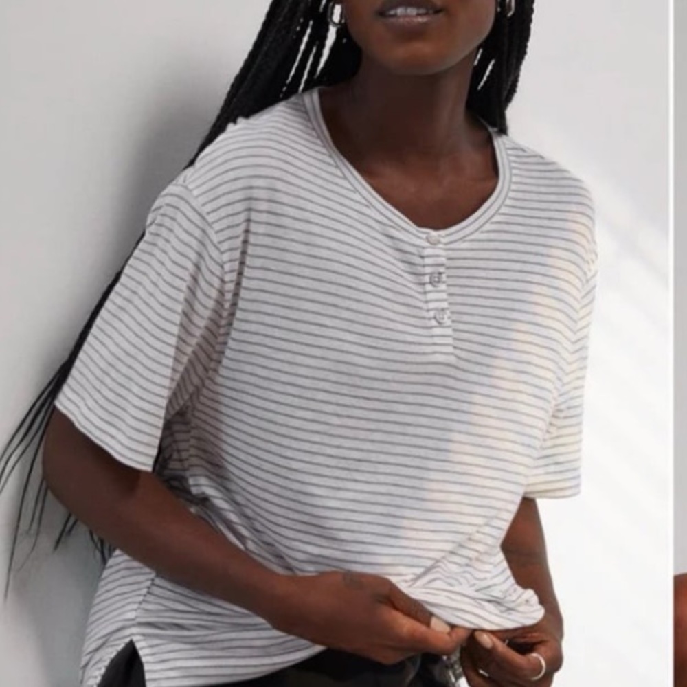 Lunya Cooldown Striped Short Sleeve Tee in White and Gray